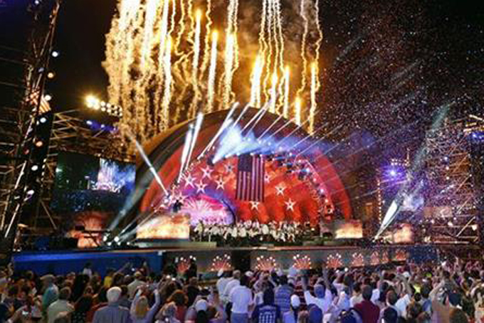 Fireworks shoot from the Hatch Shell during rehearsal for the annual Boston Pops Fireworks Spectacular on the Esplanade in Boston, Sunday, July 3, 2016. (AP Photo/Michael Dwyer)