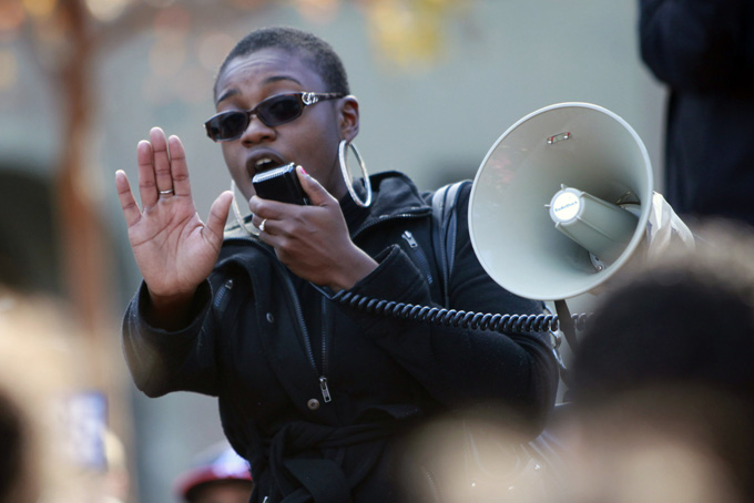 Champagne Ellison, a senior at San Jose State University, speaks at a rally protesting a reported racial hazing of an African-American freshman last month on Thursday, Nov. 21, 2013, in San Jose, Calif. (AP Photo/San Jose Mercury News, Karl Mondon)  