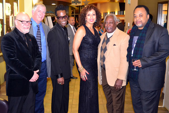 IN TUNIE—From left: Dave Pellow, Max Leake, Jr., Roby "Supersax" Edwards, Tamara Tunie, Roger Humphries and Jeff "Tain" Watts.