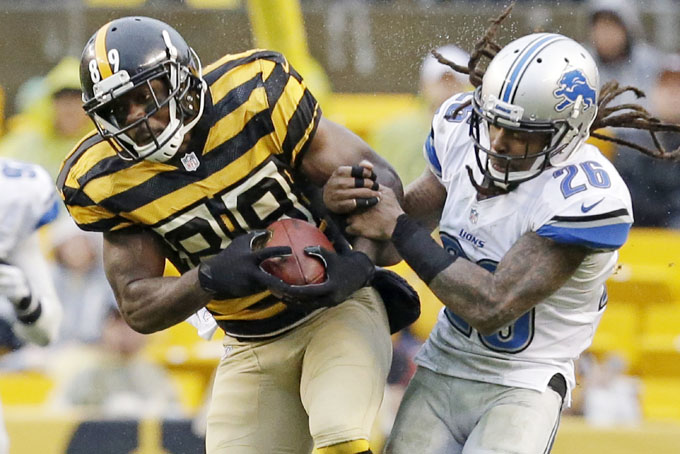 Pittsburgh Steelers wide receiver Jerricho Cotchery (89) hauls in a pass while being covered by Detroit Lions free safety Louis Delmas (26) during the second half of an NFL football game in Pittsburgh, Sunday, Nov. 17, 2013. The Steelers won 37-27. (AP Photo/Gene J. Puskar)