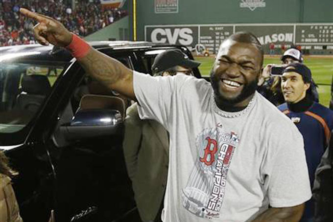In this Oct. 31, 2013 file photo, Boston Red Sox designated hitter David Ortiz laughs after being named the MVP after Game 6 of baseball's World Series, in Boston. (AP Photo/Matt Slocum, File)