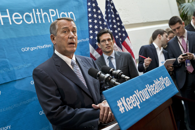 Speaker of the House John Boehner, R-Ohio, left, joined by House Majority Leader Eric Cantor, R-Va., talks to reporters following a GOP strategy session at the Capitol in Washington, Tuesday, Nov. 19, 2013. The Republicans kept up their their criticism of the Affordable Care Act, focusing on President Barack Obama’s promise to Americans that they could keep their private health care plans if they preferred them over Obamacare. (AP Photo/J. Scott Applewhite)