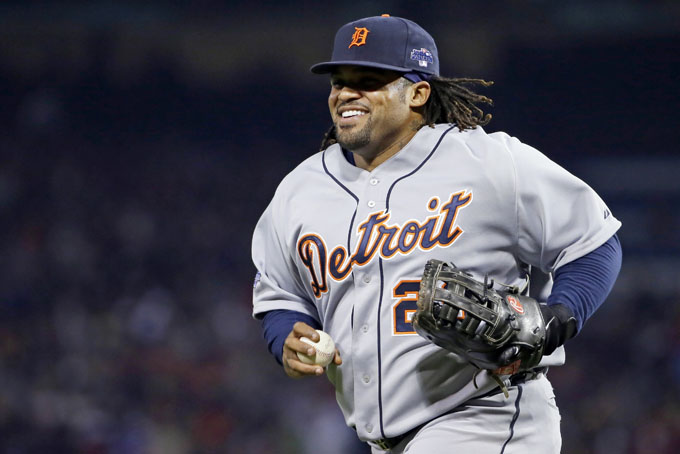 In this Oct. 13, 2013, file photo, Detroit Tigers' Prince Fielder runs off the field during Game 2 of the American League baseball championship series against the Boston Red Sox, in Boston. The Detroit Tigers and Texas agreed to a blockbuster trade Wednesday, Nov. 20, that would send Fielder to the Rangers. (AP Photo/Matt Slocum, File)