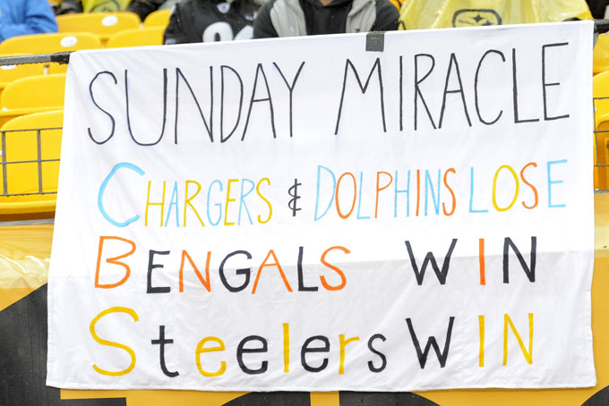 Pittsburgh Steelers fans show a sign with the conditions that need to happen for them to get into the playoffs on Sunday, Dec. 29, 2013, as the Steelers play an NFL football game against the Cleveland Browns in Pittsburgh. (AP Photo/Don Wright)