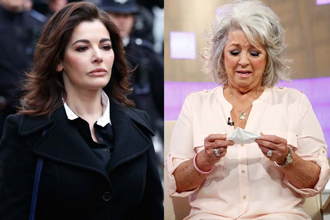 This combination of 2013 file photos shows chefs, Nigella Lawson as she arrives at Isleworth Crown Court in London, left, and Paula Deen crying on NBC News' "Today" show in New York. In 2013, both made unsavory admissions about their pasts after being accused of unsavory acts. (AP Photo/Sang Tan, NBC, Peter Kramer)