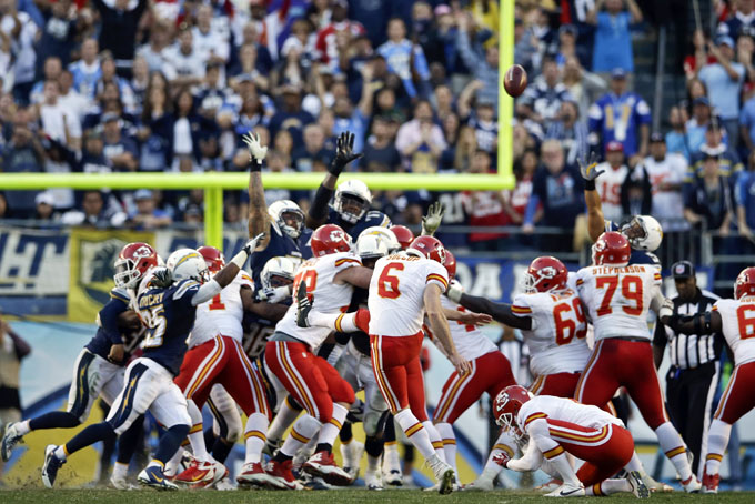  Kansas City Chiefs kicker Ryan Succop misses the possible game-winning field goal against the San Diego Chargers during the closing seconds of regulation of an NFL football game, Sunday, Dec. 29, 2013, in San Diego. The Chargers eventually won the game 27-24 in overtime. (AP Photo/Lenny Ignelzi)