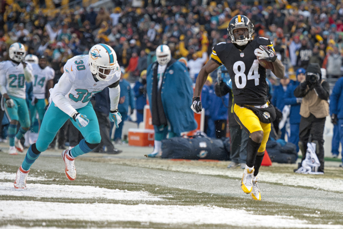 Antonio Brown (84) appears to step out of bounds as he gets past Miami Dolphins strong safety Chris Clemons (30) on the final play of the game in Pittsburgh, Sunday, Dec. 8, 2013. Brown made it into the end zone on the play, but it was ruled he stepped out of bounds. Miami won 34-28. (AP Photo/Don Wright)