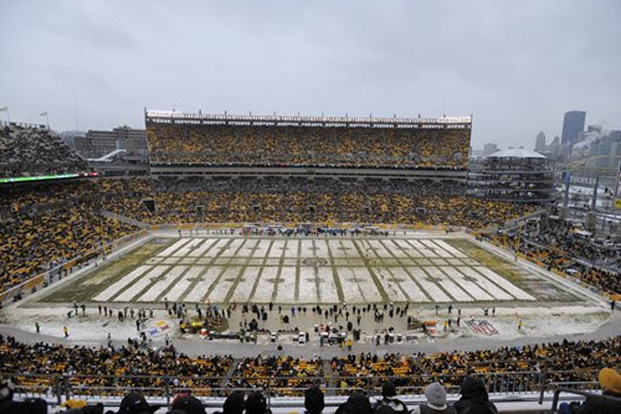 Heinz Field is snow covered during game between Steelers and Dolphins in Pittsburgh, Sunday, Dec. 8, 2013. (AP Photo/Don Wright)
