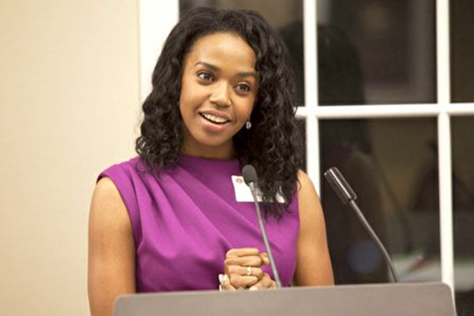 Jerrika Delayne Hinton speaks during an almni event at the Meadows School f...