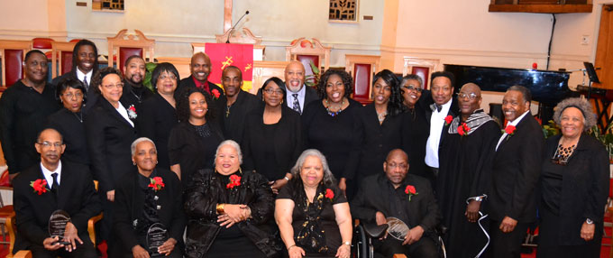 THE LEGENDS OF GOSPEL—Pictured above are Beaver County choir members with the honored gospel legends of Pittsburgh. In the photo wearing roses, not in order, are: Marlene Davis, Carvis Fisher III, Karen Rice, Phillip Russell, Dwayne Watkins, James W. White, Andrew (A.J.) Wingfield and Karen Mosley Womack. (Photos by Rossano P. Stewart)