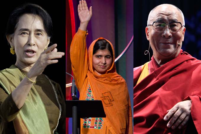  This combination of 2013 file photos shows, from left, Myanmar opposition leader Aung San Suu Kyi; Malala Yousafzai, the Pakistani teenager shot by the Taliban for promoting education for girls, and Tibet's spiritual leader, the Dalai Lama. (AP Photo/Peter Morrison, Craig Ruttle, Marco Ugarte)