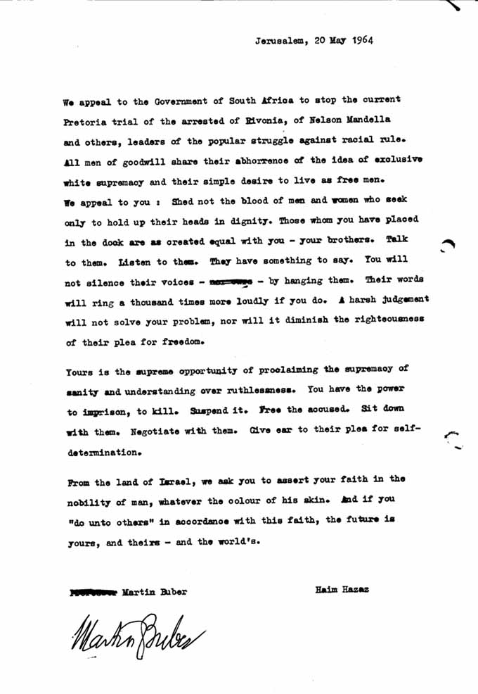 This May 20, 1964 document posted on the website of the Israel State Archives on Monday, Dec. 23, 2013 urges South Africa to release Nelson Mandela and other co-defendants. It is signed by Martin Buber, a prominent Jewish philosopher, and Haim Hazaz, an Israeli author. The letter is among a series of documents published in the wake of Mandela’s death that appear to be aimed at blunting criticism of Israel's close alliance with South Africa's apartheid rulers. (AP Photo/Israel State Archives)