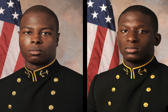 These July, 24, 2013, file photos provided by the U.S. Naval Academy football team show Midshipman Eric Graham, left, and Midshipman Josh Tate. (AP Photo/U.S. Naval Academy football team, File)