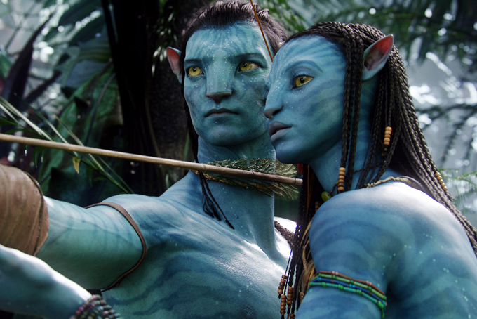 In this undated file film publicity image originally released by 20th Century Fox, the character Neytiri, voiced by Zoe Saldana, right, and the character Jake, voiced by Sam Worthington are shown in a scene from, "Avatar."  (AP Photo/20th Century Fox, File)