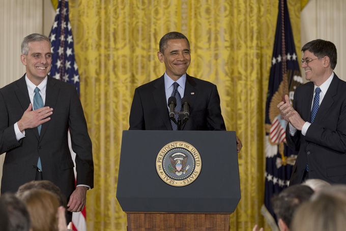 This Jan. 25, 2013, file photo shows President Barack Obama, with then-current White House Chief of Staff Jacob Lew, right, announces that he will name Denis McDonough, left, as his next chief of staff, in the East Room of the White House in Washington. McDonough had been pushed to the edge by health care advocates anxious over the disastrous rollout of the health care law. For weeks, President Barack Obama and White House officials had been apologizing for and promising fixes to a faulty website and an unmet promise to insurance holders that they could keep their policies. “I’ve had too much humble pie,” a frustrated McDonough said after yet another hand-wringing meeting. “That was the last slice. I’m full.” (AP Photo/Carolyn Kaster, File)