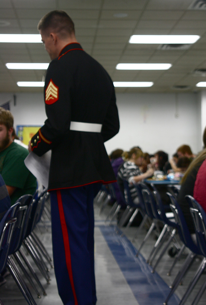 Marine Sgt. John Schoeffel speaks to students in the cafeteria of Bellwood-Antis High School near Altoona. (Photo by Alexandra Kanik/PublicSource)
