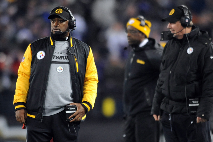 ittsburgh Steelers head coach Mike Tomlin, left, watches from the sideline in the second half of an NFL football game against the Baltimore Ravens, Thursday, Nov. 28, 2013, in Baltimore. (AP Photo/Gail Burton)