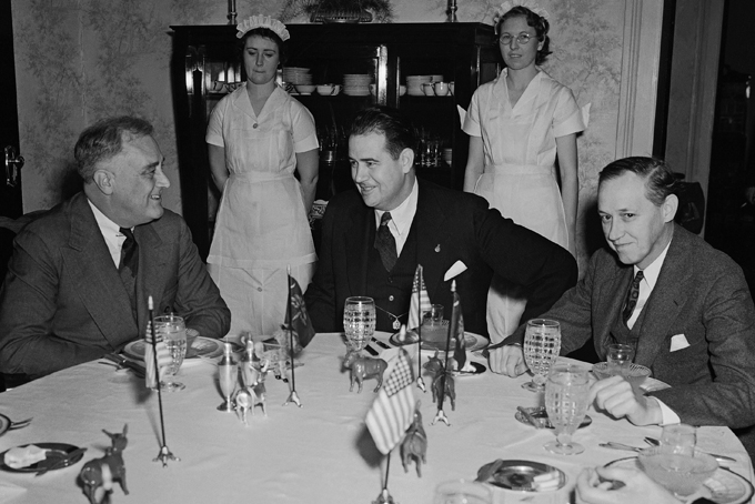 In this Dec. 5, 1939 file photo, President Franklin Roosevelt, left, talks to South Carolina Governor Olin Johnston at a breakfast in the mansion at Columbia, S.C. Leaving a judge to decide whether to throw out the conviction of 14-year-old George Stinney, who was executed in South Carolina in 1944, reminds his supporters of how the teen's fate was also in Johnston's hands nearly 70 years ago. (AP File Photo)