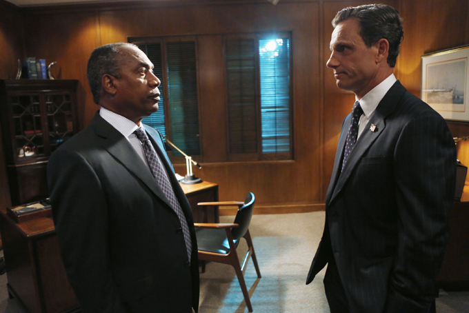  This photo provided by ABC shows Joe Morton, left, and Tony Goldwyn, in a scene from the TV series, "Scandal," Thursdays, (10:00-11:00 p.m., ET) on the ABC Television Network. (AP Photo/ABC, Randy Holmes)