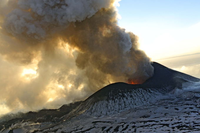 Plosky Tolbachnik volcano erupts in Russia's Far Eastern Kamchatka Peninsula on Jan. 6, 2013. It's not a so-called "super volcano," but every million years or so scientists say the Earth burps up volcanoes that can erupt for thousands of years. (Alexander Petrov / AP)