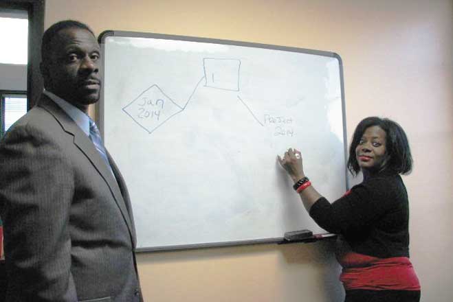 WHAT A TEAM—Kevin Cameron, President and CEO of Cameron Professional Management and Francine Cameron, President and CEO of Cameron Professional Services Group, LLC plan their 2014 strategy to assist businesses in the upcoming years. 