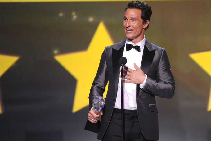Matthew McConaughey accepts the award for best actor for "Dallas Buyers Club" at the 19th annual Critics' Choice Movie Awards at the Barker Hangar on Thursday, Jan. 16, 2014, in Santa Monica, Calif. (Photo by Frank Micelotta/Invision/AP)