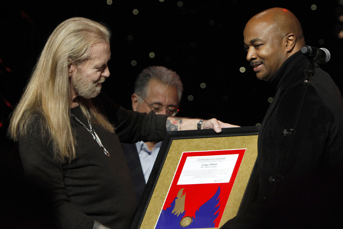 Gregg Allman received awards from the Governor of Georgia, the Mayor of Atlanta and BMI during the show at All My Friends: Celebrating The Songs and Voice of Gregg Allman on Friday, Jan. 10, 2014 in Atlanta, Ga. (Photo by Dan Harr/Invision/AP)