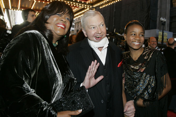 In this May 3, 2007 file photo, film critic Roger Ebert, center, his wife Chaz, left, and their granddaughter Raven Evans, arrive for the Chicago premiere of the the Broadway hit "The Color Purple."  (AP Photo/Charles Rex Arbogast, File)