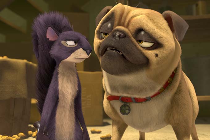 This image released by Open Road Films shows Surly, voiced by Will Arnett, left, and Precious the Pug, voiced by Maya Rudolph, in a scene from "The Nut Job." (AP Photo/Open Road Films)