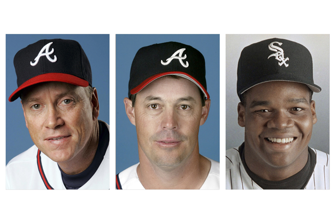 From left are Tom Glavine in 2008, Greg Maddux in 2008, and Frank Thomas in 1994 file photos. Glavine, Maddux and Thomas were selected to the Baseball Hall of Fame, Wednesday, Jan. 8, 2014. (AP Photo/File)