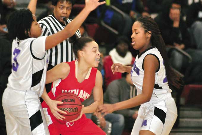 IONIE BONNER of Penn Hills gets trapped by Obama defenders, Banner chipped in with 12 points in the Lady Indians 59-47 win