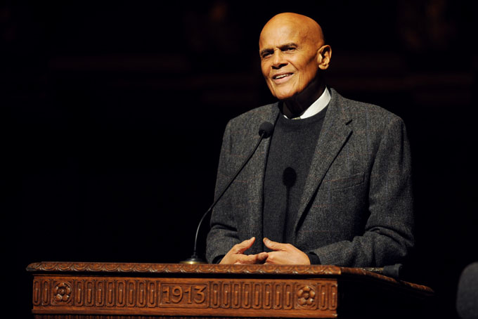 Activist and entertainer Harry Belafonte gives the keynote address for the Rev. Dr. Martin Luther King Jr. Symposium at Hill Auditorium on the University of Michigan campus in Ann Arbor, Mich., for Martin Luther King Jr. Day, on Monday, Jan. 20, 2014. (AP Photo/The Ann Arbor News, Melanie Maxwell)