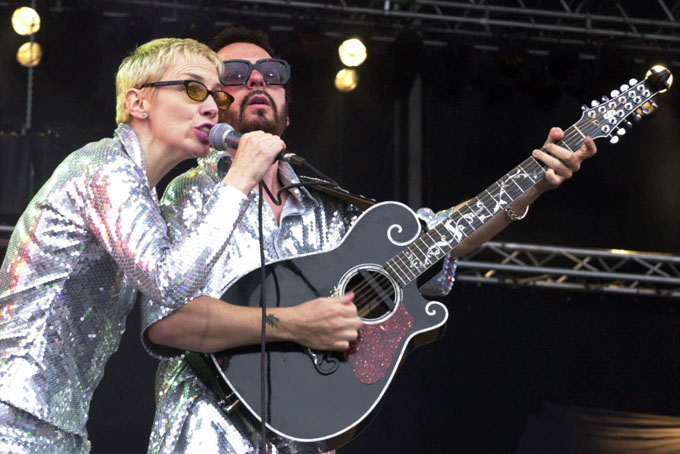 This June 10, 2000, file photo shows Annie Lennox, left, and Dave Stewart as the Eurythmics performing on stage at the Rock at the Ring three-day music festival at the Nuerburgring race circuit in Nuerburg, Germany. (AP Photo/Pool)