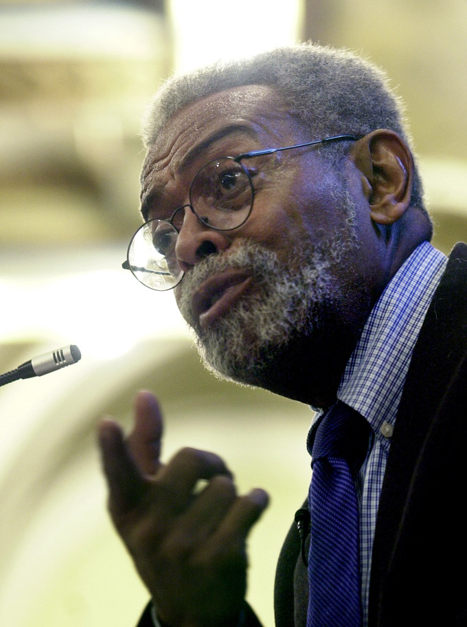 This Oct. 2, 2002 file photo shows Amiri Baraka, New Jersey's poet laureate during a ceremony at the Newark Public Library in Newark, N.J. (AP Photo/Mike Derer, File)