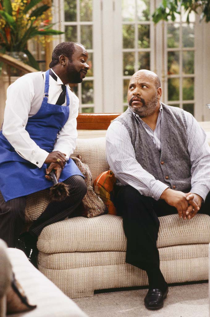 This photo provided by NBC shows, Joseph Marcell, left, as Geoffrey, and James Avery, as Philip Banks, in the episode "Papa's Got a Brand New Excuse" from the TV series, "The Fresh Prince of Bel-Air." Avery, 65, the bulky character actor who laid down the law as the Honorable Philip Banks has died. Avery's publicist, Cynthia Snyder, told The Associated Press that Avery died Tuesday, Dec. 31, 2013. (AP Photo/NBC, Margaret Norton)