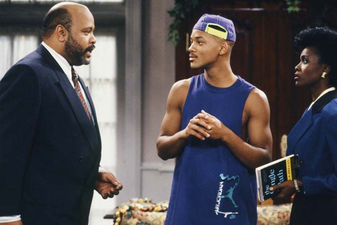 This photo provided by NBC shows, from left, James Avery as Philip Banks, Will Smith as William "Will" Smith, and Janet Hubert as Vivian Banks, in episode 7, "Def Poet's Society" from the TV series, "The Fresh Prince of Bel-Air." (AP Photo/NBC, Ron Tom)