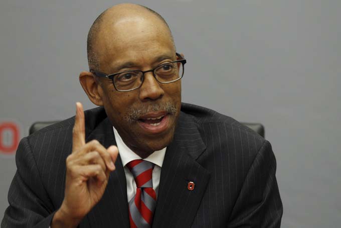 Dr. Michael Drake speaks during a press conference after being named the new president at Ohio State University following a university board meeting where he was voted in at the school Wednesday, Jan. 30, 2014. (AP Photo/Paul Vernon)