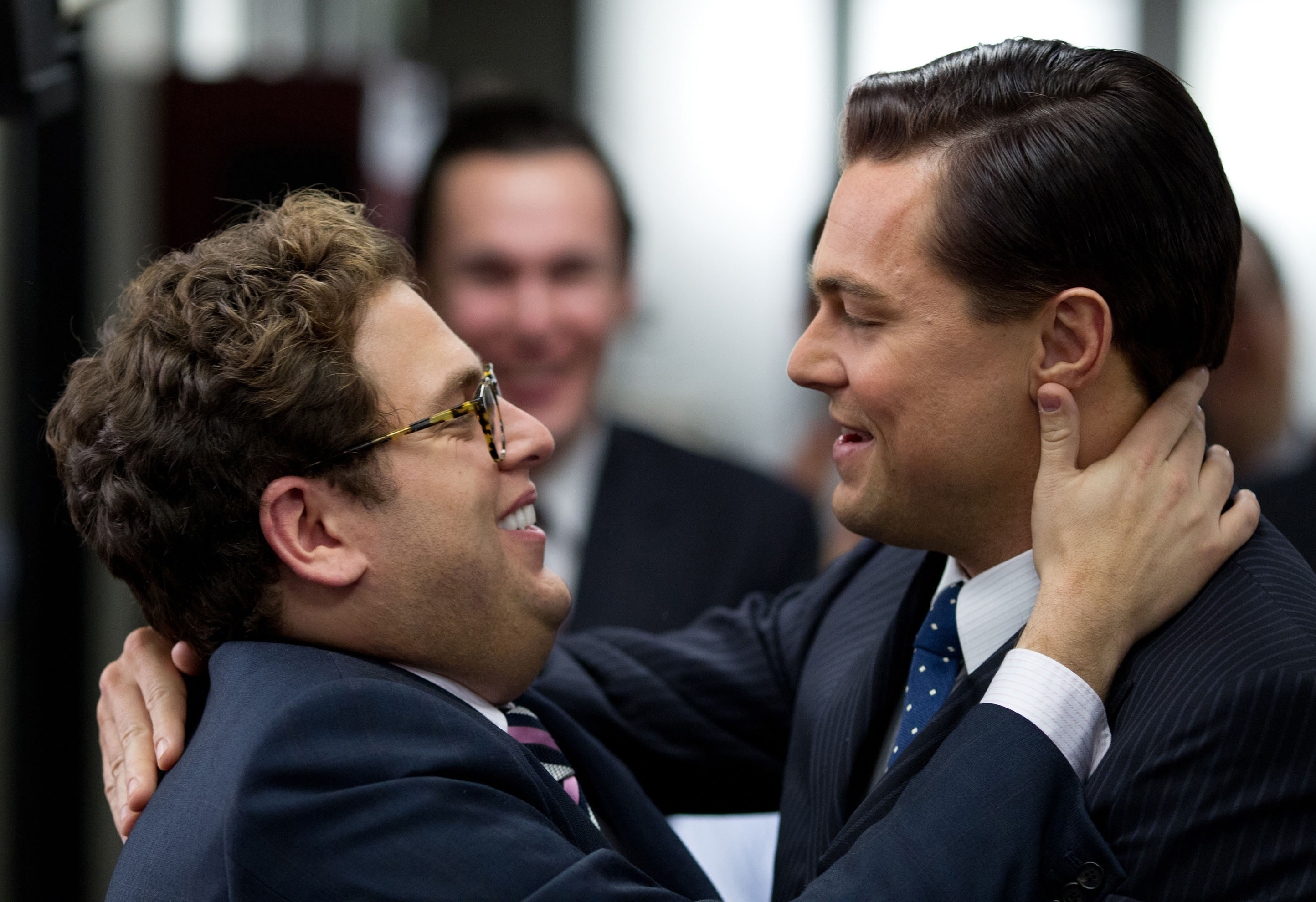 This film image released by Paramount Pictures shows Jonah Hill, left, and Leonardo DiCaprio in a scene from "The Wolf of Wall Street." Hill was nominated for an Academy Award for best supporting actor on Thursday, Jan. 16, 2014, for his role in the film. DiCaprio was also nominated for best actor. The 86th Academy Awards will be held on March 2. (AP Photo/Paramount Pictures and Red Granite Pictures, Mary Cybulski)