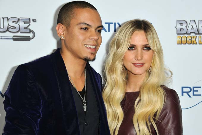 This Nov. 12, 2013 file photo shows Evan Ross, left, and Ashlee Simpson at the "Bandfuse: Rock Legends" video game launch in Los Angeles. (Photo by Richard Shotwell/Invision/AP, File)