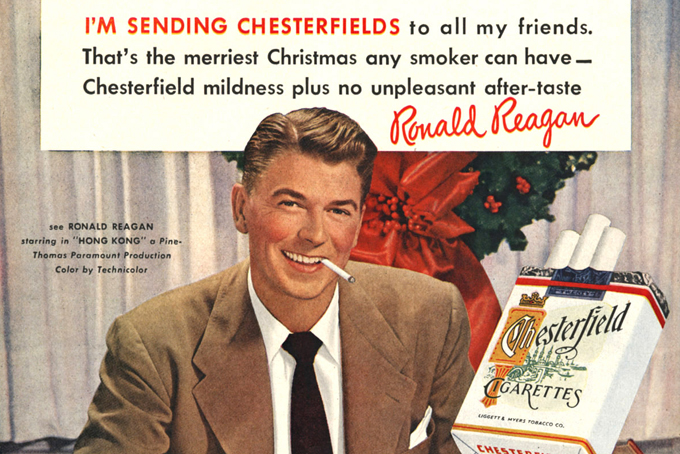 This image provided by the Stanford Research into the Impact of Tobacco Advertising shows a 1949 Chesterfield cigarette advertisement featuring future President Ronald Reagan. (AP Photo/Stanford Research into the Impact of Tobacco Advertising)