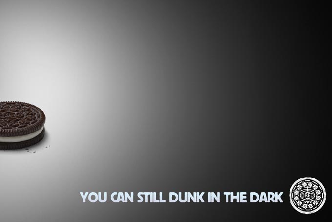This image provided by Oreo's on Sunday, Feb. 3, 2013, shows the image the company's marketers tweeted some 10 minutes after the power went out during the Super Bowl XLVII football game. (AP Photo/Oreo's )