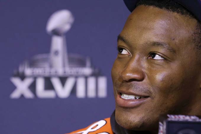 Denver Broncos wide receiver Demaryius Thomas talks with reporters during a news conference Thursday, Jan. 30, 2014, in Jersey City, N.J. The Broncos are scheduled to play the Seattle Seahawks in the NFL Super Bowl XLVIII football game Sunday, Feb. 2, in East Rutherford, N.J. (AP Photo)