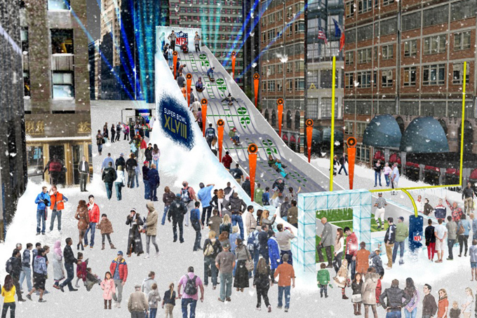 In this undated artist’s rendering provided by the National Football League, a proposed toboggan slide is set up in Times Square in New York. A stretch of Broadway from 34th Street to 48th will be closed to traffic, renamed "Super Bowl Boulevard," and converted into a rollicking theme park, merchandise shop and concert venue. (AP Photo/National Football League, File)