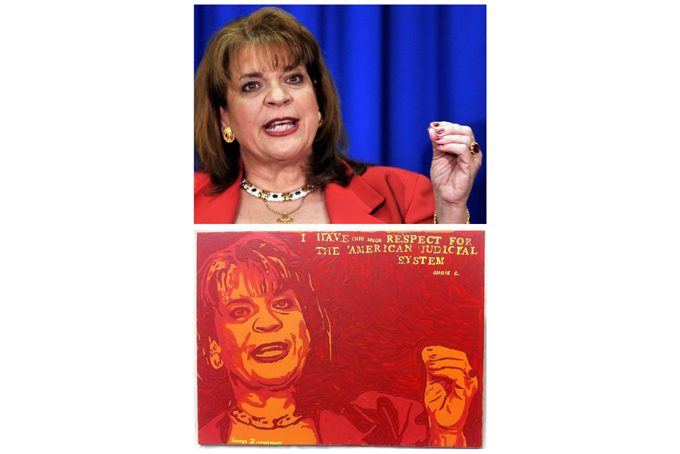 This combination image shows an Associated Press photo, top, of Florida State Attorney Angela Corey, taken in Jacksonville, Fla., on April 11, 2012, during her announcement of second-degree murder charges against George Zimmerman in the shooting death of Trayvon Martin, and a painting, bottom, by George Zimmerman that portrays Angela Corey, titled "Angie." (AP Photo/Rick Wilson)