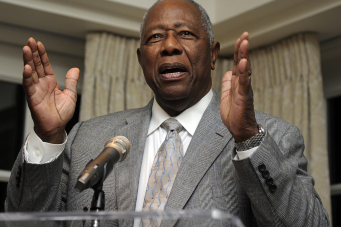 Baseball Hall of Famer Hank Aaron speaks at a reception in his honor, Friday, Feb. 7, 2014, in Washington. Aaron is turning 80 and is being celebrated with a series of events in Washington. (AP Photo/Nick Wass)