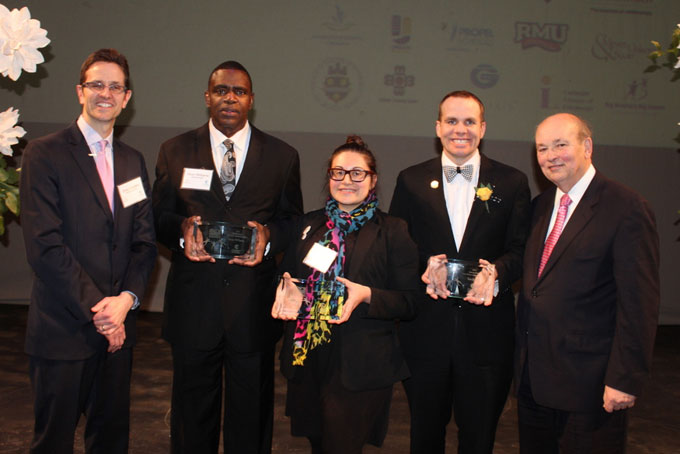 AWARDEES—From left: Greg Crowley, president and CEO of Coro; Center for Civic Leadership. Distinguished Individual Leadership Award honoree Dean Williams, director formerly Convicted Citizens Project;  Organizational Leadership Award honoree, Nina Marie Barbuto, founder Assemble A Community Space for Arts & Technology; and Distinguished Coro Alumni Leadership Award honoree Tom Baker, chief community affairs officer Big Brothers Big Sisters of Greater Pittsburgh; and Allegheny County Council and chairman of Coro,  Rich Ekstrom. (Photo by J.L. Martello)   