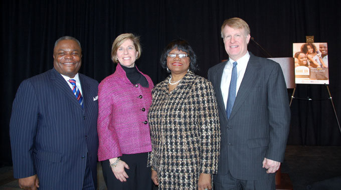 BANDING TOGETHER—Kicking off a new initiative, the Bank On Greater Pittsburgh are BOGP Chairman and Urban League Board member Dr. Howard B. Slaughter Jr., Susan B. Shipley; President Huntington Bank, Pittsburgh, Esther L. Bush; President and CEO of the Urban League of Greater Pittsburgh and Allegheny County Executive Rich Fitzgerald.    