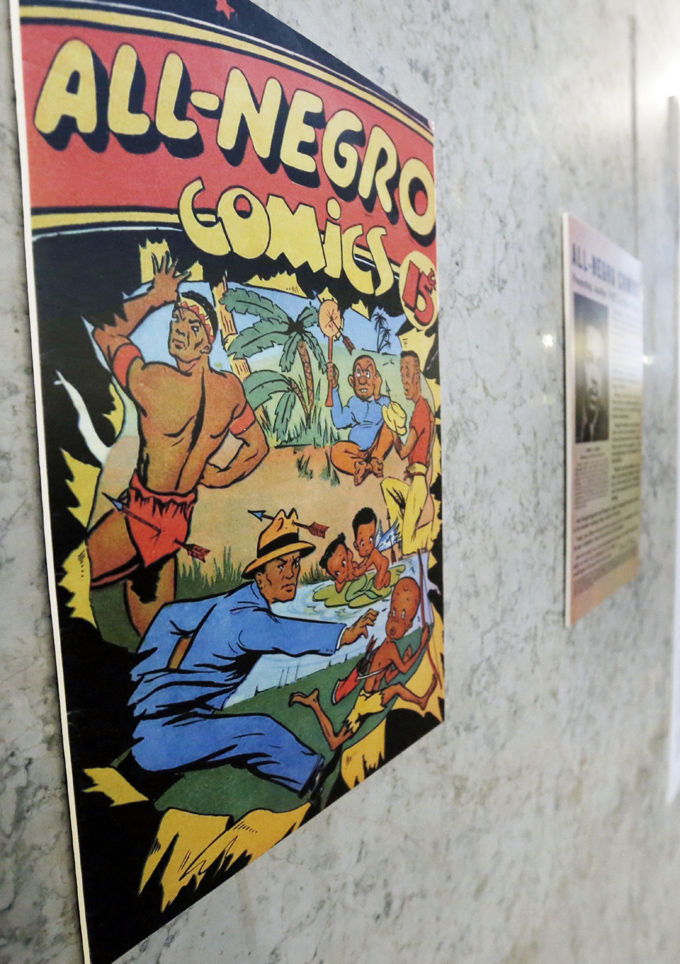 In this Wednesday, Feb. 5, 2014 photo, the single issue cover of “All-Negro Comics” published by Orrin Evans in 1947, is part of an exhibit on display at the City/County building in downtown Pittsburgh. (AP Photo/Keith Srakocic)