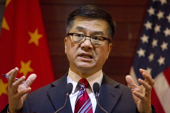 Outgoing U.S. ambassador to China, Gary Locke gestures as he speaks during a farewell press conference held at the U.S. Embassy in Beijing, China, Thursday, Feb. 27, 2014. (AP Photo/Ng Han Guan, Pool)
