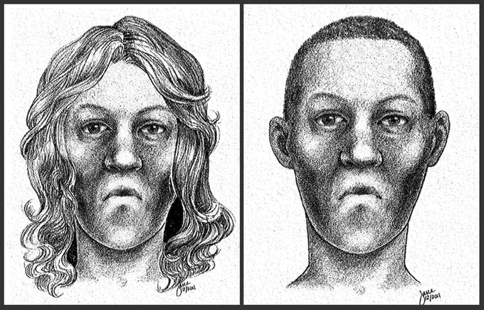 These sketches provided by the Michigan State Police on Monday, Feb. 24, 2014, show an unidentified woman whose body was found in a garbage bag in 1978 along a road in Waterloo Township, Mich. (AP Photo/Michigan State Police)
